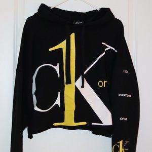 Calvin Klein CK One Black, Yellow & White Cropped Hoodie, Women's Large